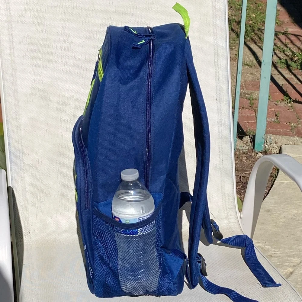 Blue Backpack with Green Trim Side Pockets New
